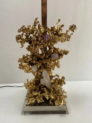 1970′ Lampe Décor Corail en Bronze Doré et Amethyste Et Cristal De Roche Signée Boeltz