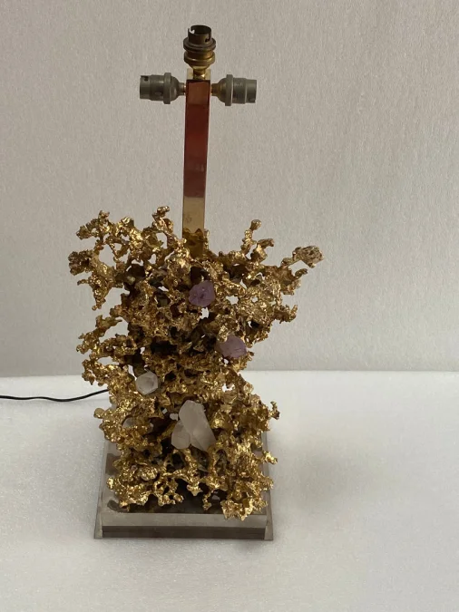 1970′ Coral Decor Lamp in Gilt Bronze and Amethyst And Rock Crystal Signed Boeltz