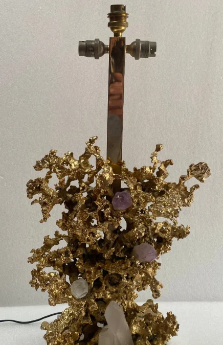 1970′ Coral Decor Lamp in Gilt Bronze and Amethyst And Rock Crystal Signed Boeltz