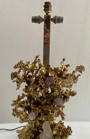 1970′ Lampe Décor Corail en Bronze Doré et Amethyste Et Cristal De Roche Signée Boeltz