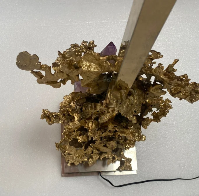 1970′ Coral Decor Lamp in Gilt Bronze and Amethyst And Rock Crystal Signed Boeltz