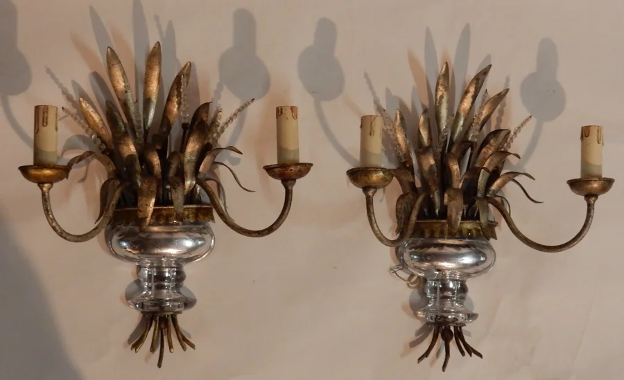 1970' Pair of Silver Metal Sconces Decorated with Urn and Reeds