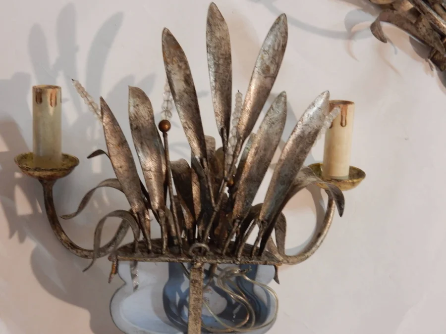 1970' Pair of Silver Metal Sconces Decorated with Urn and Reeds