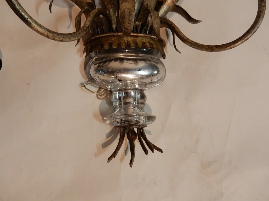 1970' Pair of Silver Metal Sconces Decorated with Urn and Reeds