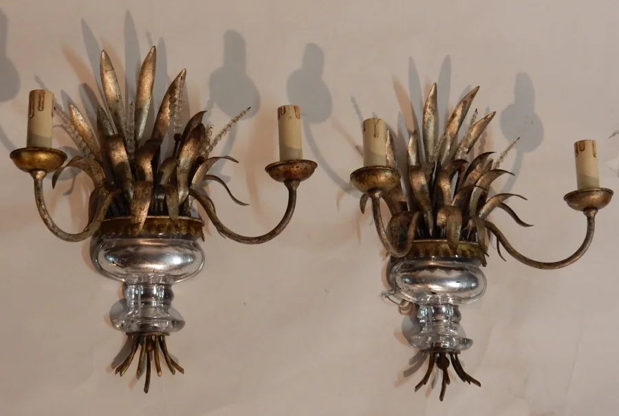 1970' Pair of Silver Metal Sconces Decorated with Urn and Reeds