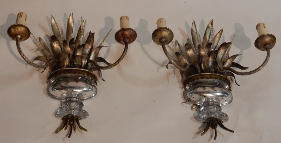 1970' Pair of Silver Metal Sconces Decorated with Urn and Reeds