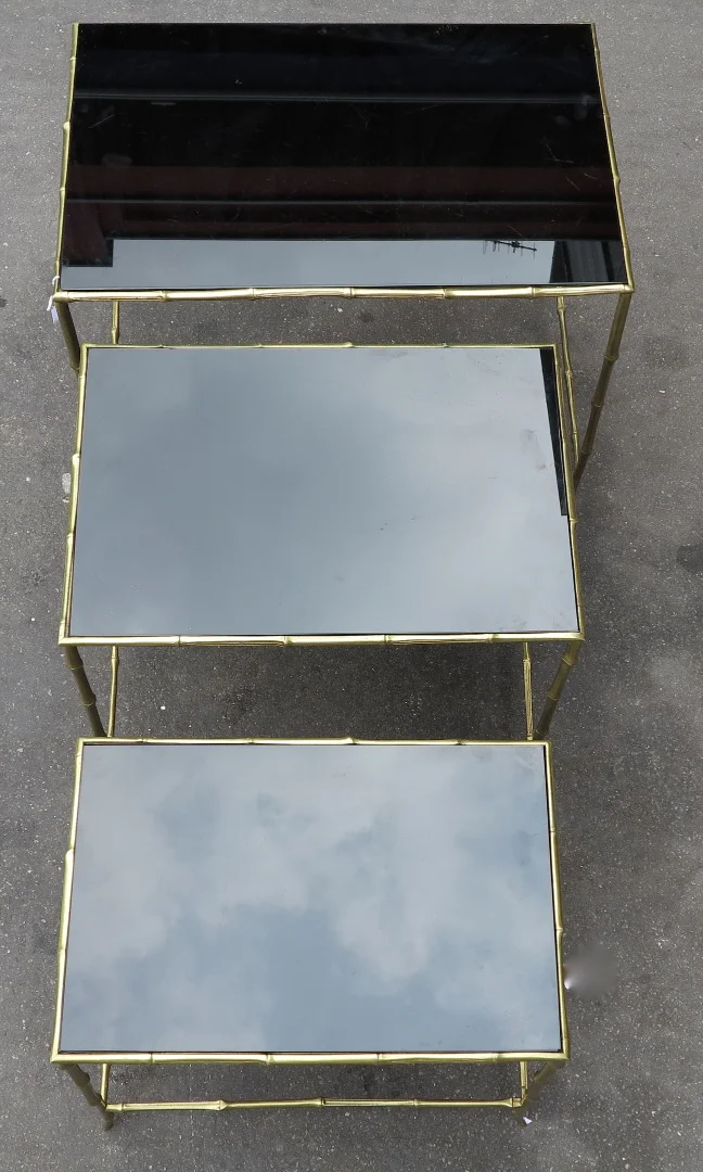1950/70 Series of 3 Nesting Tables Bamboo Model with Black Opaline Maison Baguès