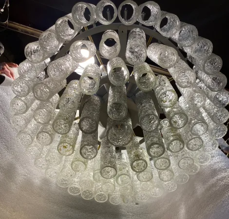 1970′ Lustre Doria 4 Niveaux 78 Cristaux En Verre Soufflé Design Venini Murano