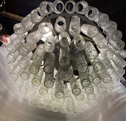1970′ Doria Chandelier 4 Levels 78 Blown Glass Crystals Design Venini Murano
