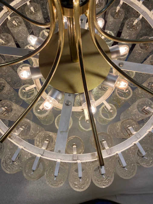 1970′ Doria Chandelier 4 Levels 78 Blown Glass Crystals Design Venini Murano