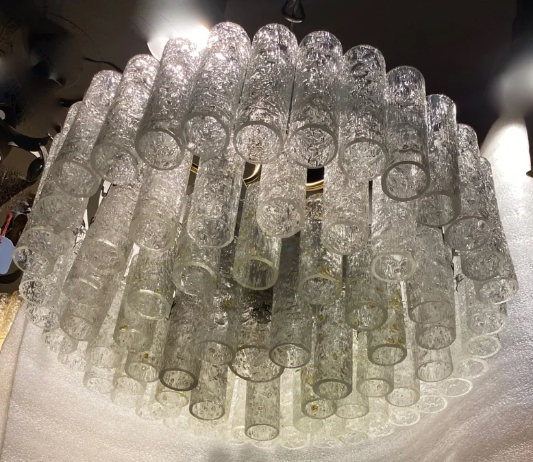 1970′ Doria Chandelier 4 Levels 78 Blown Glass Crystals Design Venini Murano