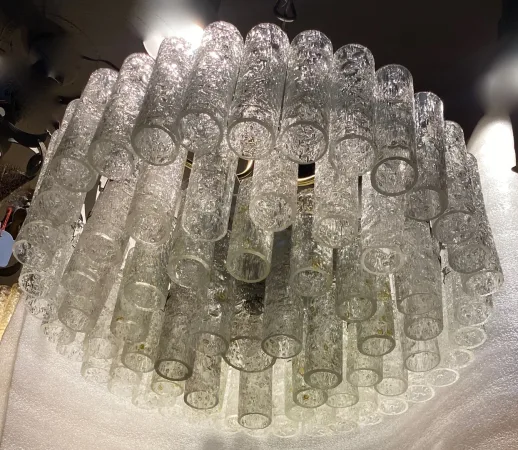 1970′ Lustre Doria 4 Niveaux 78 Cristaux En Verre Soufflé Design Venini Murano
