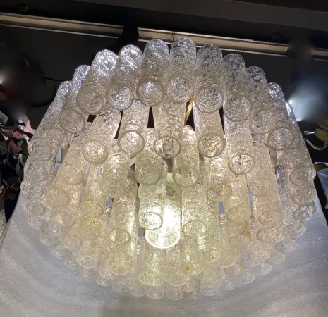 1970′ Lustre Doria 4 Niveaux 78 Cristaux En Verre Soufflé Design Venini Murano