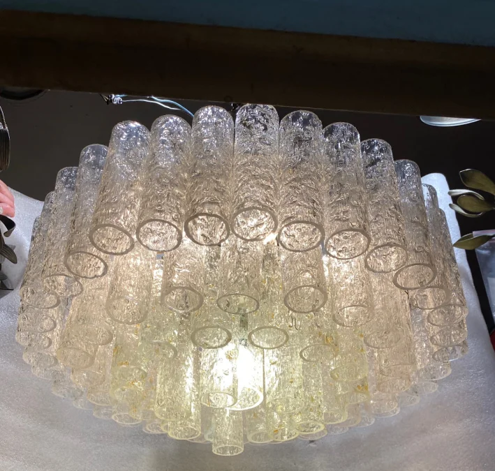 1970′ Doria Chandelier 4 Levels 78 Blown Glass Crystals Design Venini Murano