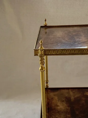 1970′ Desserte Roulante Aldo Tura Bronze Doré Plateaux Gainés Peau De Chèvre