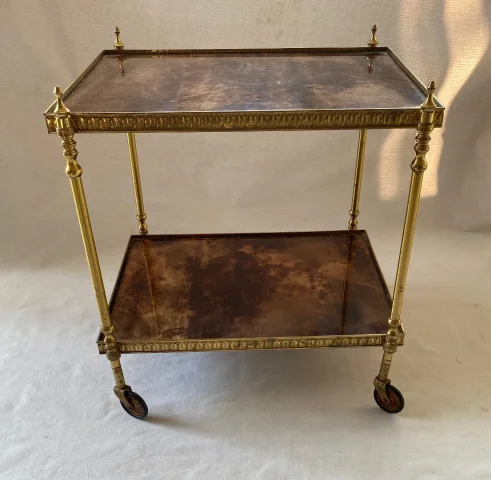 1970′ Desserte Roulante Aldo Tura Bronze Doré Plateaux Gainés Peau De Chèvre
