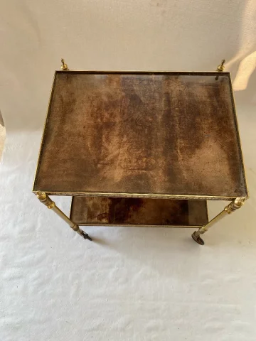 1970′ Desserte Roulante Aldo Tura Bronze Doré Plateaux Gainés Peau De Chèvre