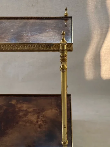 1970′ Desserte Roulante Aldo Tura Bronze Doré Plateaux Gainés Peau De Chèvre