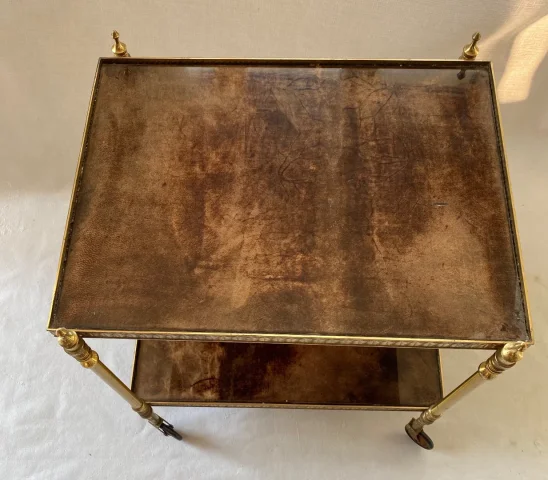 1970′ Desserte Roulante Aldo Tura Bronze Doré Plateaux Gainés Peau De Chèvre