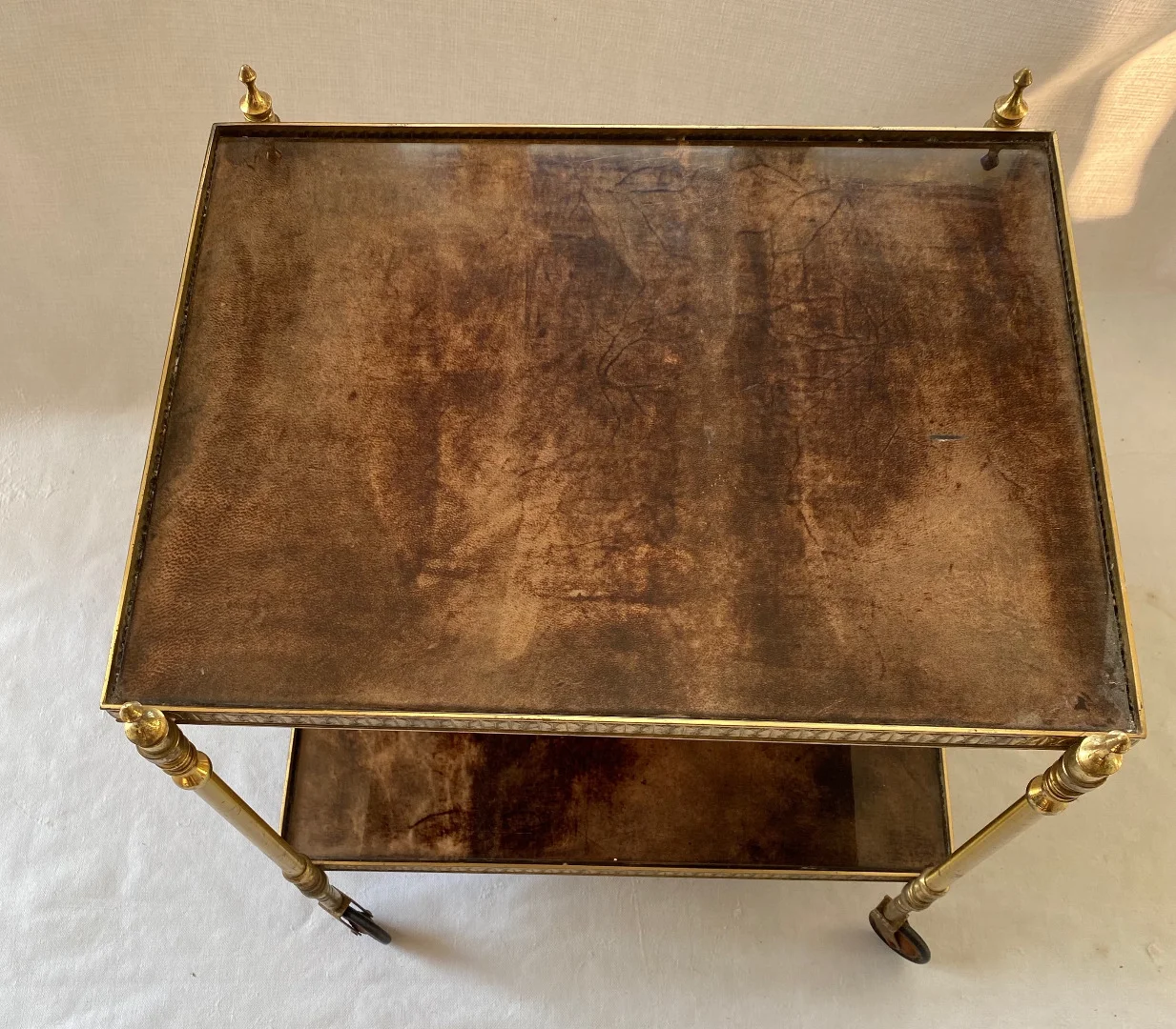 1970′ Aldo Tura Rolling Trolley Gilt Bronze Trays Covered in Goat Skin