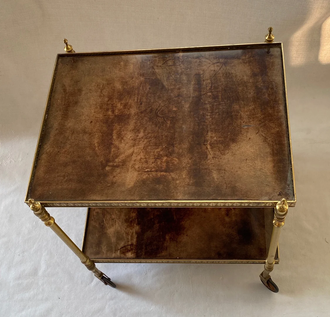 1970′ Aldo Tura Rolling Trolley Gilt Bronze Trays Covered in Goat Skin