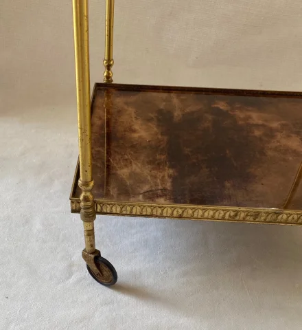 1970′ Desserte Roulante Aldo Tura Bronze Doré Plateaux Gainés Peau De Chèvre
