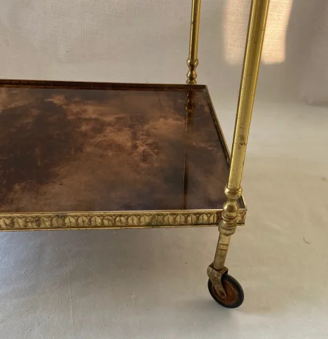 1970′ Desserte Roulante Aldo Tura Bronze Doré Plateaux Gainés Peau De Chèvre