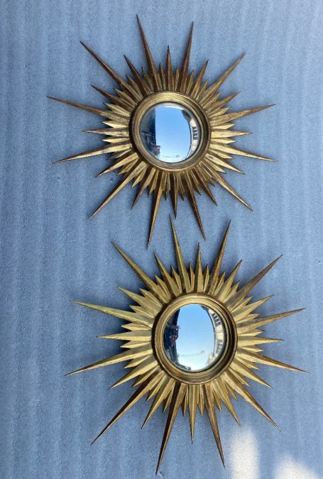1950′ Pair Of Convex Sun Mirrors, Golden Wood