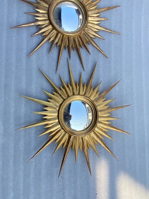 1950′ Pair Of Convex Sun Mirrors, Golden Wood