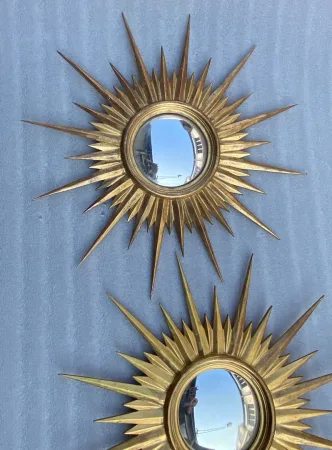 1950′ Paire de Miroirs Soleil Convexe, Bois Doré