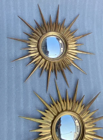 1950′ Paire de Miroirs Soleil Convexe, Bois Doré