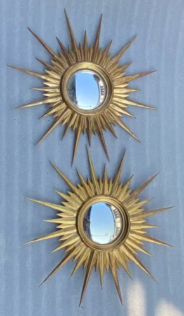 1950′ Paire de Miroirs Soleil Convexe, Bois Doré