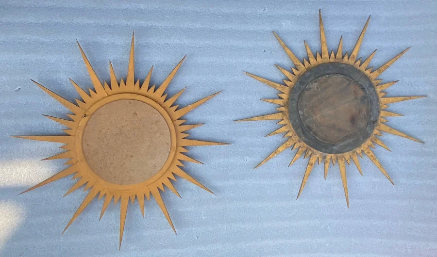 1950′ Pair Of Convex Sun Mirrors, Golden Wood