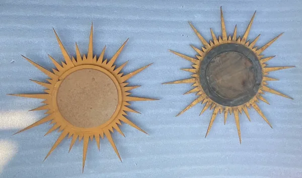 1950′ Paire de Miroirs Soleil Convexe, Bois Doré