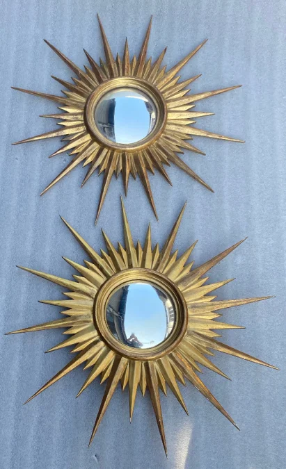 1950′ Pair Of Convex Sun Mirrors, Golden Wood