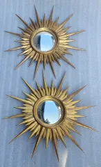 1950′ Pair Of Convex Sun Mirrors, Golden Wood