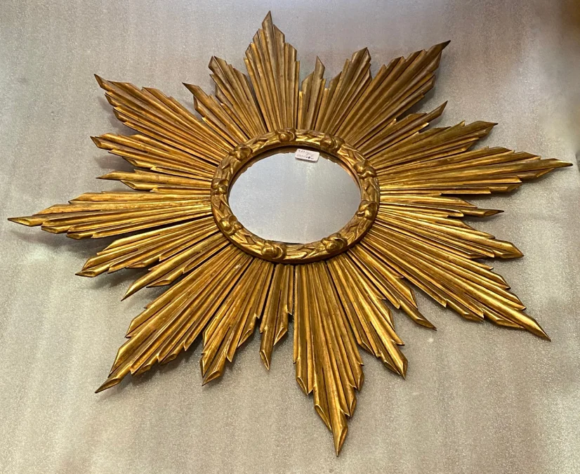 1950′ Flat Sun Mirror, Golden Wood – 90 cm