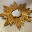 1950′ Miroir Soleil Plat, Bois Doré – 90 cm