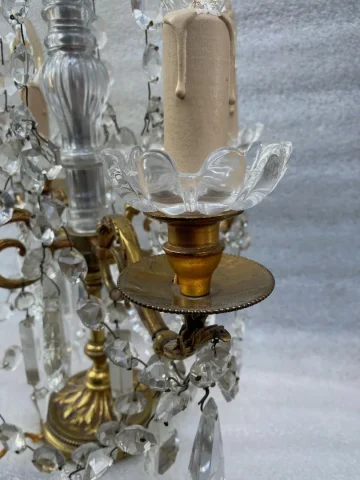1950′ Paire De Lampes Girandoles Bronze 4 Bras Pampilles Et Poignards Baccarat