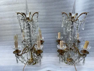 1950′ Pair Of Bronze Girandole Lamps 4 Arms Tassels And Daggers Baccarat