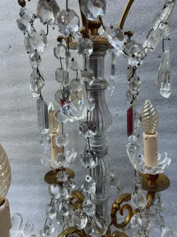 1950′ Paire De Lampes Girandoles Bronze 4 Bras Pampilles Et Poignards Baccarat