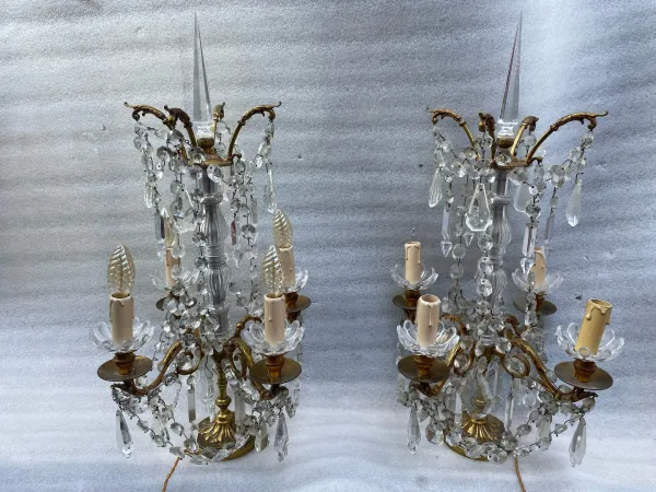 1950′ Pair Of Bronze Girandole Lamps 4 Arms Tassels And Daggers Baccarat