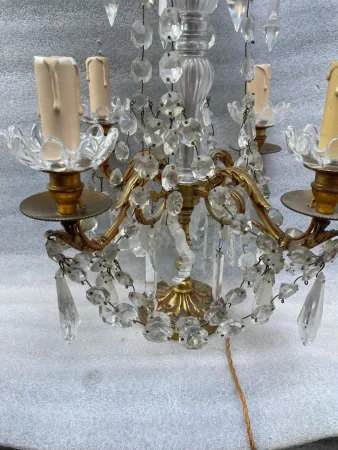 1950′ Pair Of Bronze Girandole Lamps 4 Arms Tassels And Daggers Baccarat