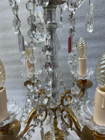 1950′ Paire De Lampes Girandoles Bronze 4 Bras Pampilles Et Poignards Baccarat