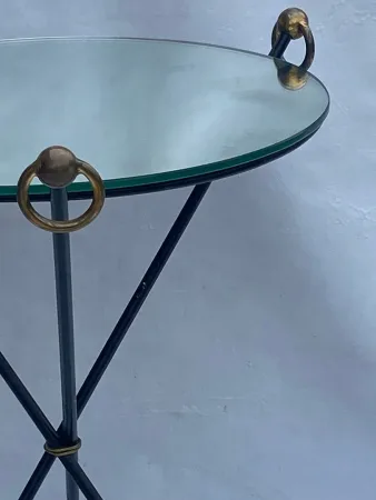 1940/50′ Guéridon Fer Forgé Ornements En Laiton Style Jacques Adnet Diamètre 49 cm