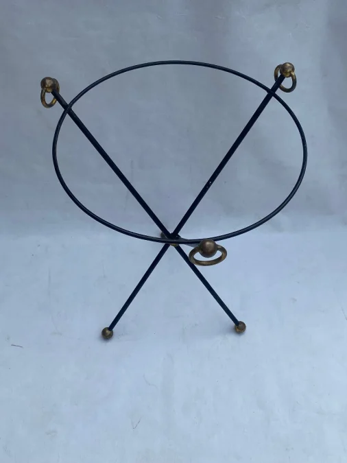 1940/50′ Guéridon Fer Forgé Ornements En Laiton Style Jacques Adnet Diamètre 49 cm