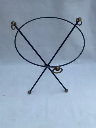 1940/50′ Guéridon Fer Forgé Ornements En Laiton Style Jacques Adnet Diamètre 49 cm