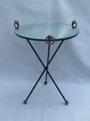 1940/50′ Wrought Iron Pedestal Table Brass Ornaments Jacques Adnet Style Diameter 49 cm