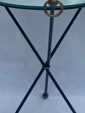 1940/50′ Wrought Iron Pedestal Table Brass Ornaments Jacques Adnet Style Diameter 49 cm
