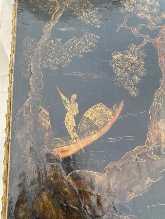 1970′ Table Basse Bronze Doré Style Baguès Decor Palmier Laque de Chine
